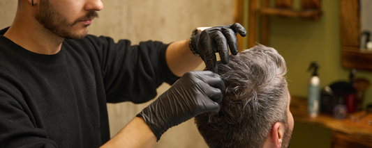 Barber helps man dye grey hair in salon