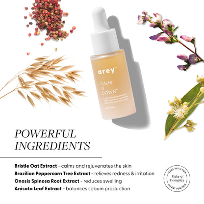 Powerful Ingredients:
Bristle oat extract calms and rejuvenates the skin
Brazilian Peppercorn Tree Extract: relieves redness and irritation
Onosis Spinosa Root Extract reduces swelling
Anisata leaf extract balances sebum production