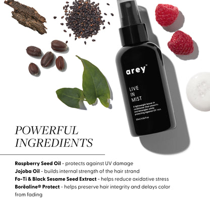 Powerful Ingredients:
Raspberry Seed Oil - protects against UV damage
Jojoba Oil - builds internal strength of the hair strand
Fo-Ti & Black Sesame Seed Extract - helps reduce oxidative stress
Borēaline® Protect - helps preserve hair integrity and delays color from fading