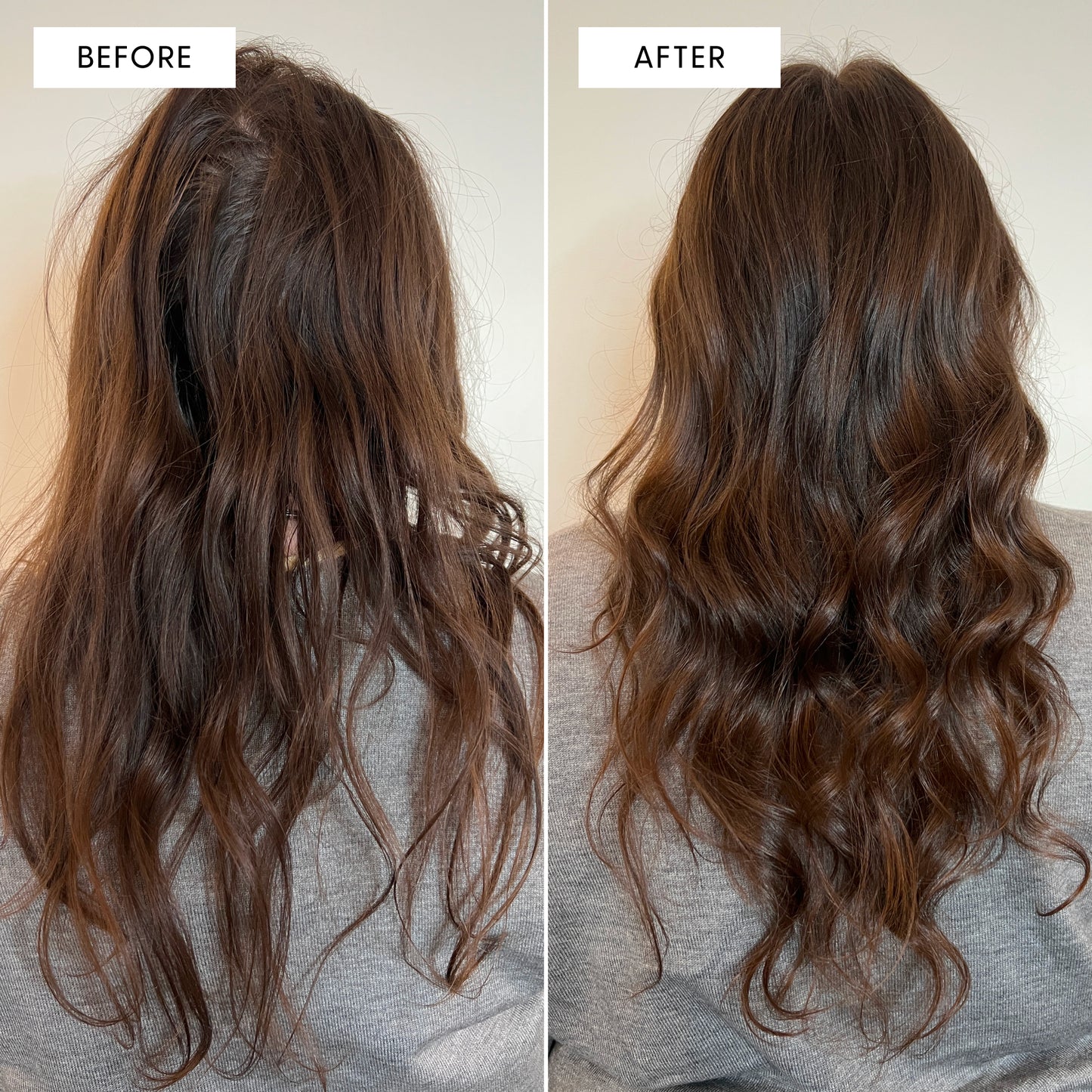 Mend before and after. After is shinier, more volumized, less frizzy and clean.