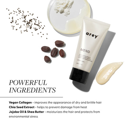 powerful ingredients:
Vegan Collagen - improves the appearance of dry and brittle hair
Chia Seed Extract - helps to prevent damage from heat
Jojoba Oil & Shea Butter - moisturizes the hair and protects from environmental stress 