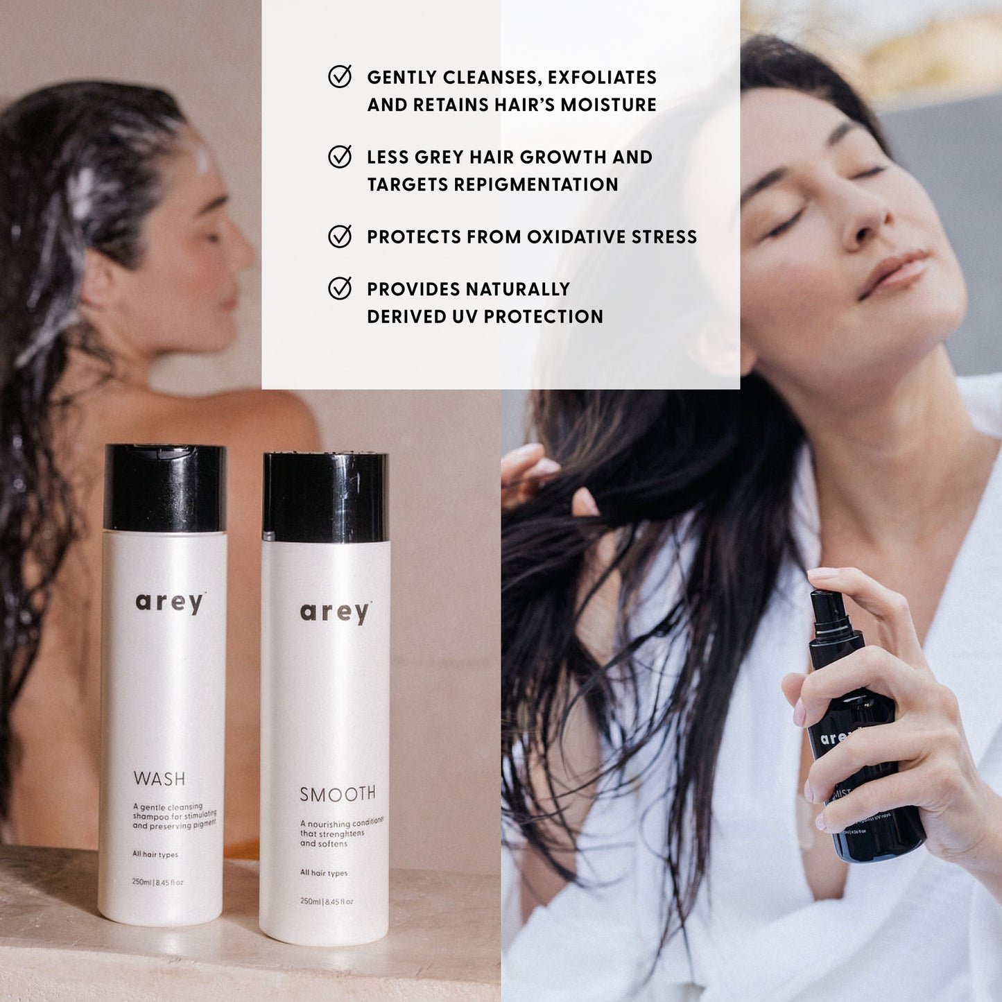 gently cleanses, exfoliates 
and retains hair’s moisture
less grey hair growth and Targets repigmentation
protects from oxidative stress
provides Naturally derived UV protection