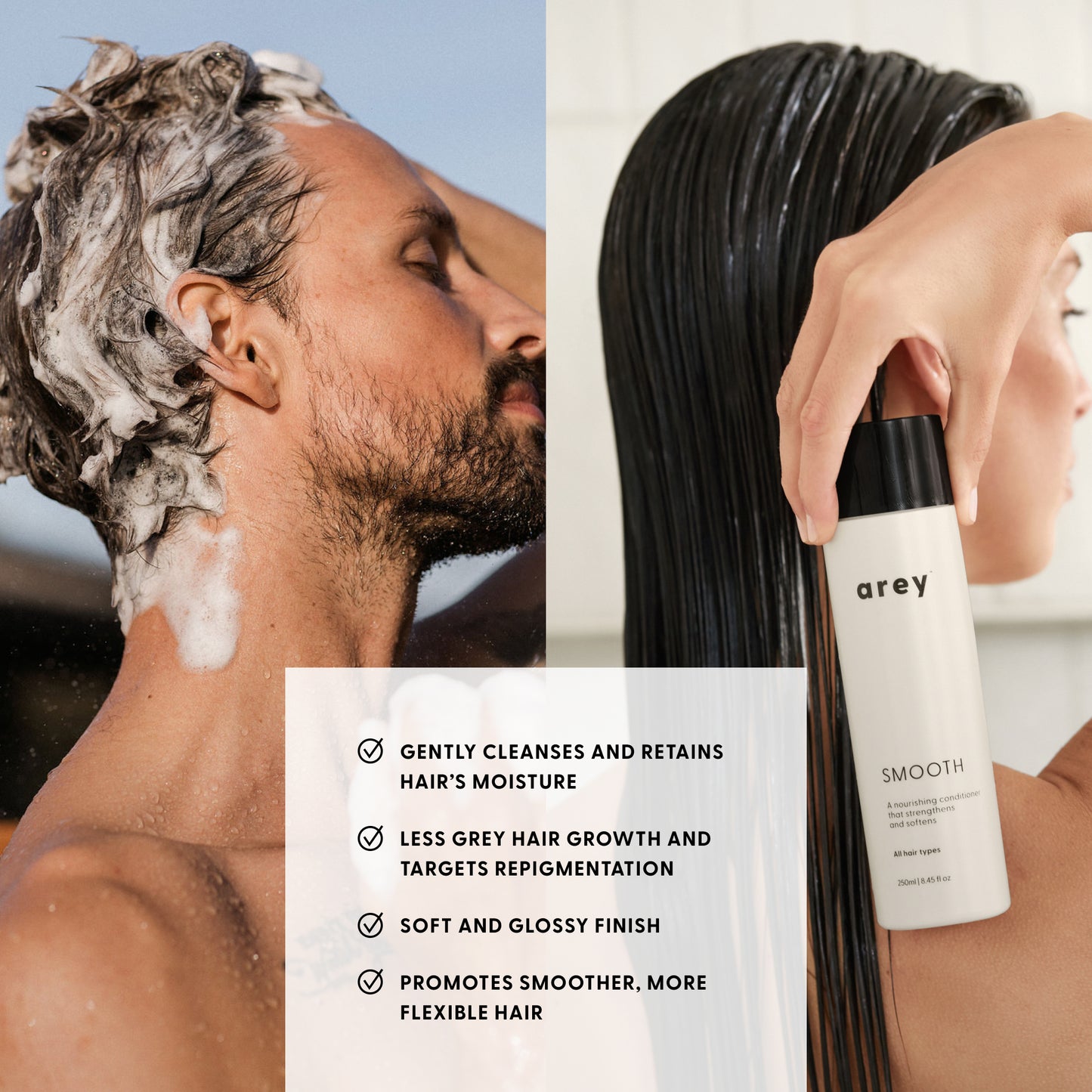 gently cleanses and retains hair’s moisture
less grey hair growth and Targets repigmentation
soft and glossy finish
promotes smoother, more flexible hair