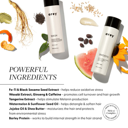 Powerful Ingredients:
Fo-Ti & Black Sesame Seed Extract - helps reduce oxidative stress
Wasabi Extract, Ginseng & Caffeine - promotes cell turnover and hair growth 
Tangerine Extract - helps stimulate Melanin production
Watermelon & Sunflower Seed Oil - helps detangle & soften hair
Jojoba Oil & Shea Butter - moisturizes the hair and protects 
from environmental stress 
Barley Protein - works to build internal strength in the hair strand