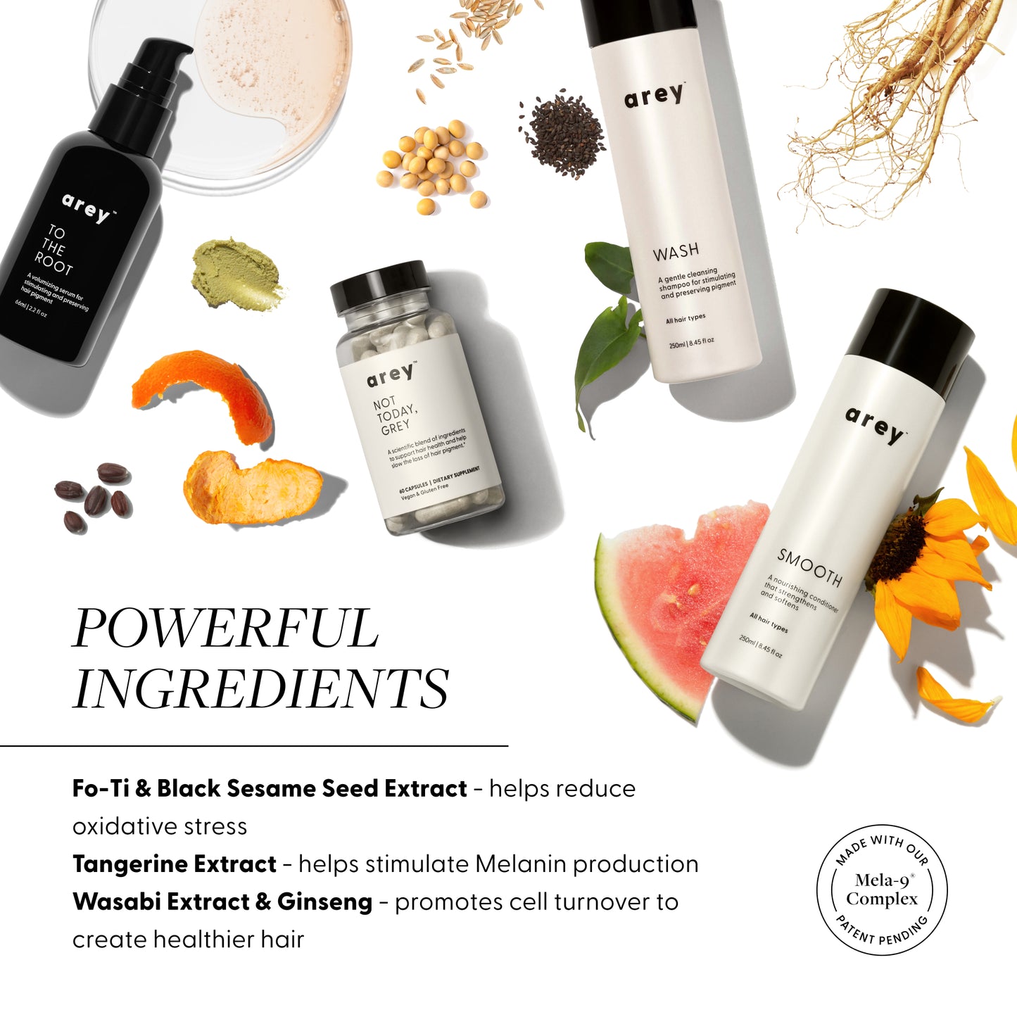 Powerful Ingredients:
Fo-Ti & Black Sesame Seed Extract - helps reduce oxidative stress
Tangerine Extract - helps stimulate Melanin production
Wasabi Extract & Ginseng - promotes cell turnover to create healthier hair