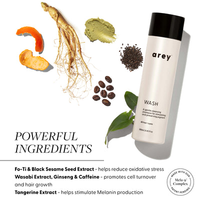 Wash Powerful Ingredients:
Fo-Ti and black sesame seed extract helps reduce oxidative stress
wasabi extract, ginseng and caffeine promotes cell turnover and hair growth
Tangerine Extract helps stimulate melanin production